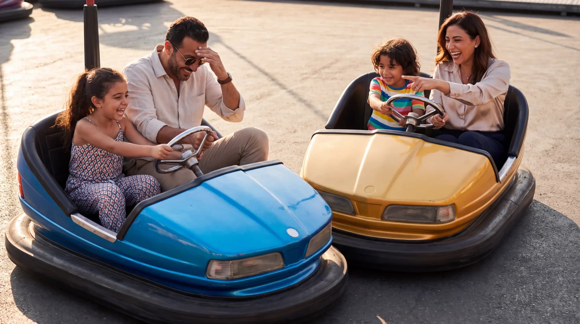 Families laughing in blue and yellow bumper cars