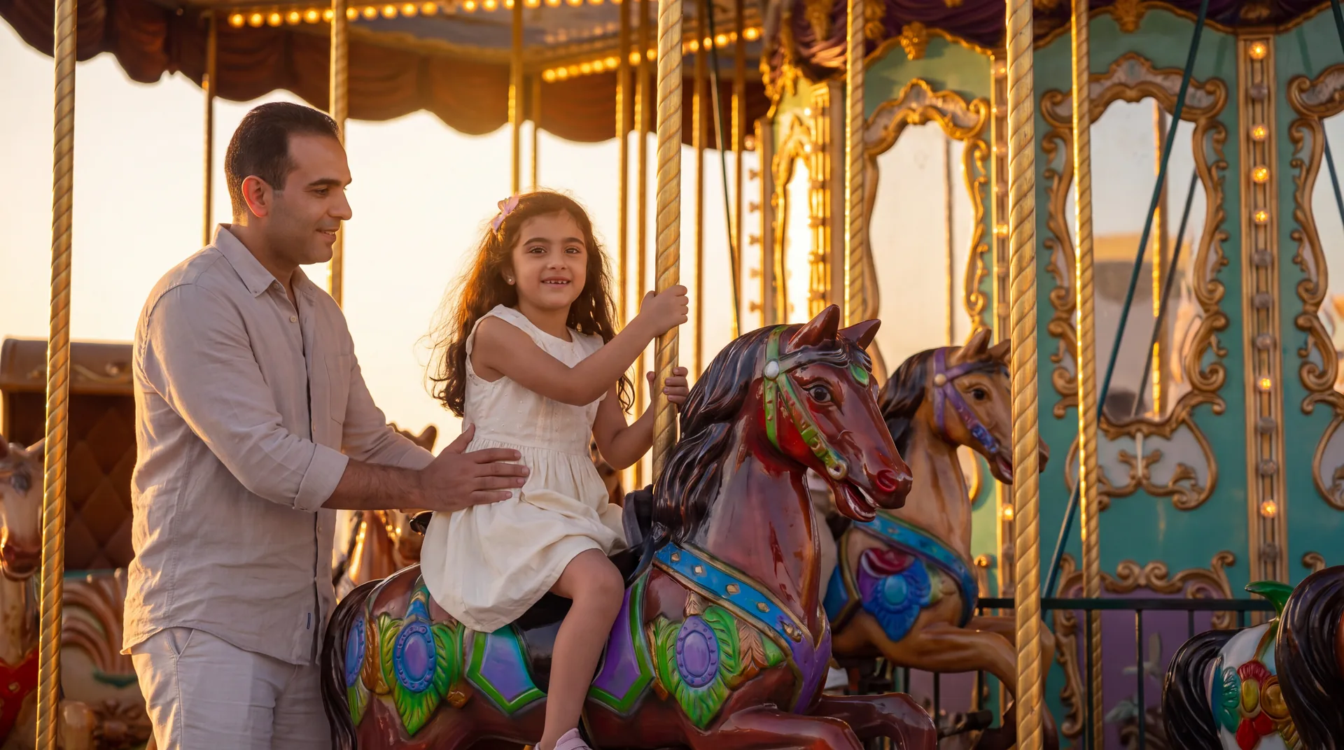 A father steadying his daughter on a painted carousel horse at golden hour