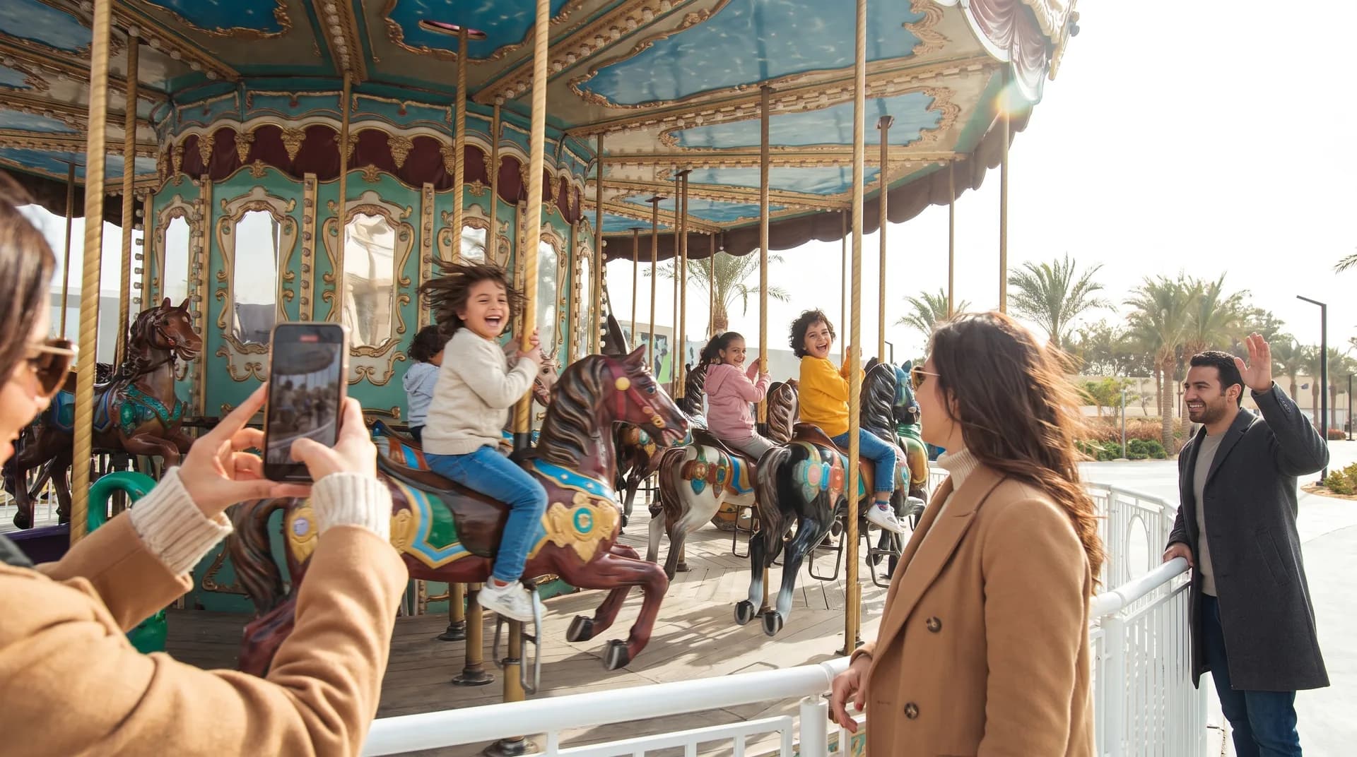 Families watching the carousel turn from the walkway