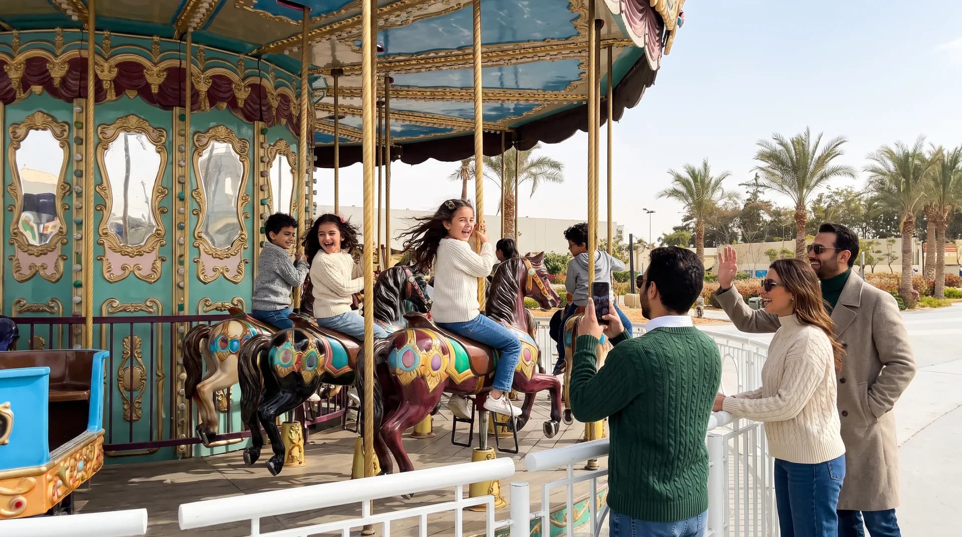 Children riding the TANZA carousel while their family photographs them from the rail